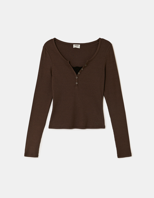 TALLY WEiJL, Brown Long Sleeve T-Shirt with Lace Detail for Women