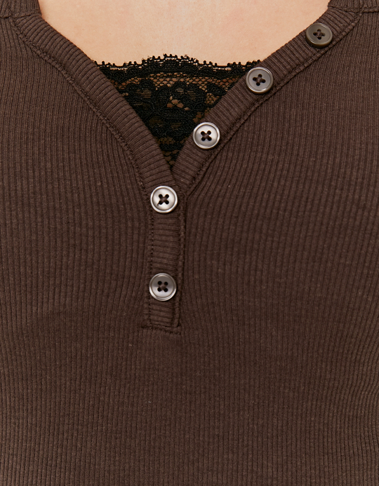 TALLY WEiJL, Brown Long Sleeve T-Shirt with Lace Detail for Women