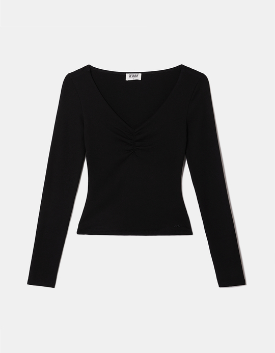 TALLY WEiJL, T-shirt Nera Aderente a Maniche Lunghe in Cotone con Scollo a V for Women