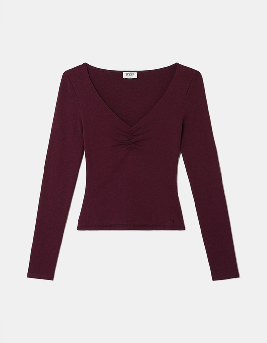 TALLY WEiJL, T-shirt Bordeaux Aderente a Maniche Lunghe in Cotone con Scollo a V for Women