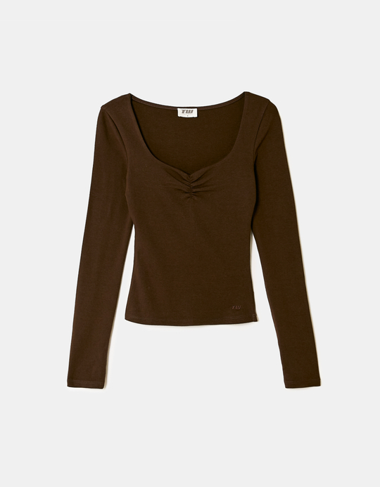 TALLY WEiJL, Brown Scoop Neck Long Sleeve T-Shirt for Women