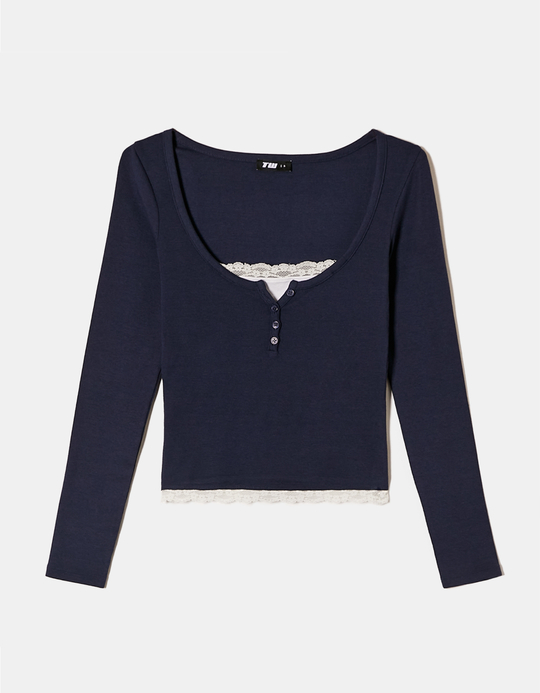 TALLY WEiJL, Blaues Basic T-Shirt mit Spitzentrim for Women