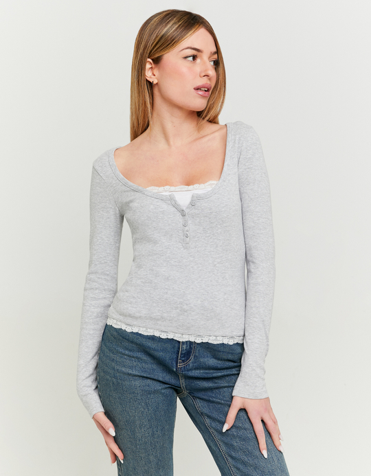 TALLY WEiJL, Graues Basic T-Shirt mit Spitzentrim for Women