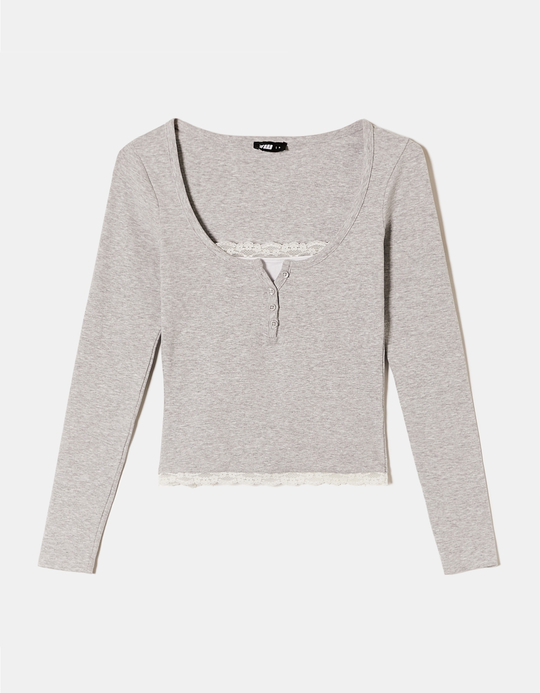 TALLY WEiJL, Graues Basic T-Shirt mit Spitzentrim for Women