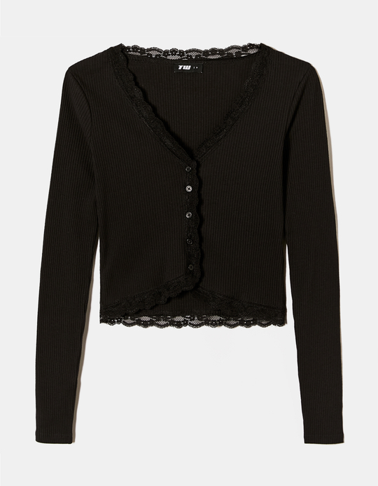 TALLY WEiJL, Top Noir Basique avec Ourlets en Dentelle for Women