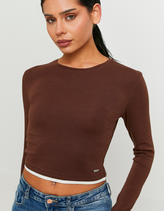 TALLY WEiJL, Basic Brown T‑shirt with Long Sleeves for Women