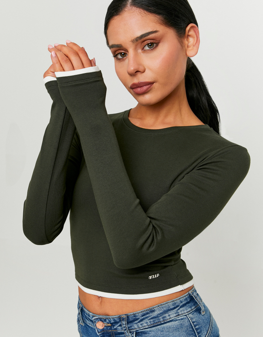 TALLY WEiJL, Basic Green T‑shirt with Long Sleeves for Women