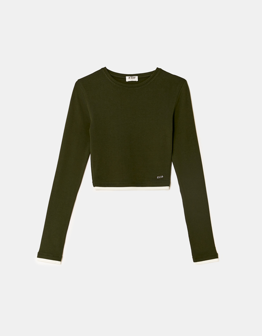 TALLY WEiJL, T-Shirt Basique Vert à Manches Longues for Women