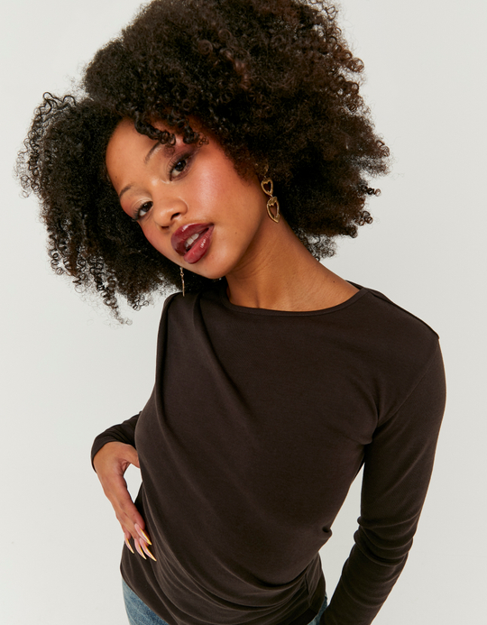 TALLY WEiJL, Braunes drapiertes Long Sleeve T-Shirt for Women