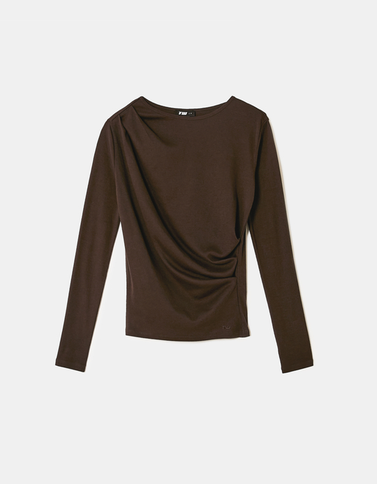 TALLY WEiJL, T-Shirt Drapé Marron à Manches Longues for Women