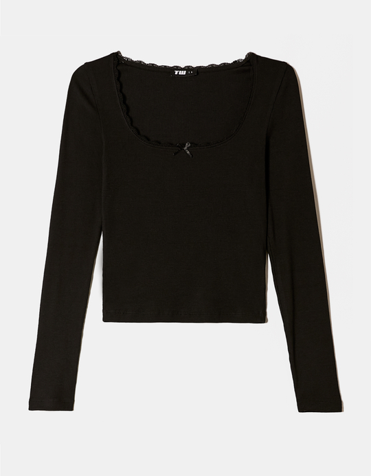 TALLY WEiJL, T-Shirt Noir Basique avec Détail Dentelle for Women