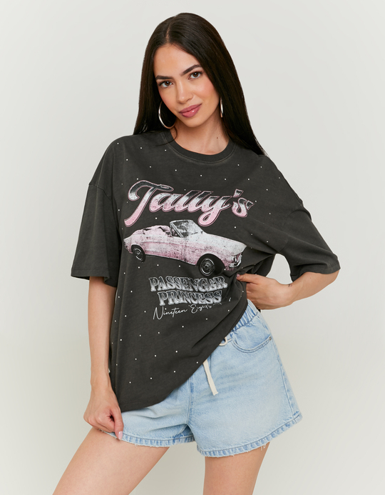 TALLY WEiJL, Dark Grey Printed T-shirt with Strass for Women