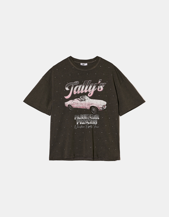 TALLY WEiJL, Dark Grey Printed T-shirt with Strass for Women