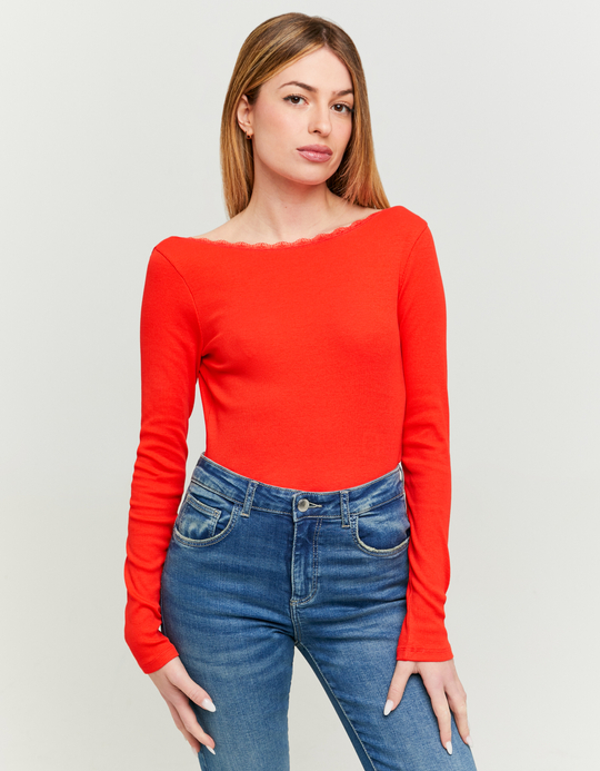 TALLY WEiJL, Red Backless T-shirt with Lace Trims for Women