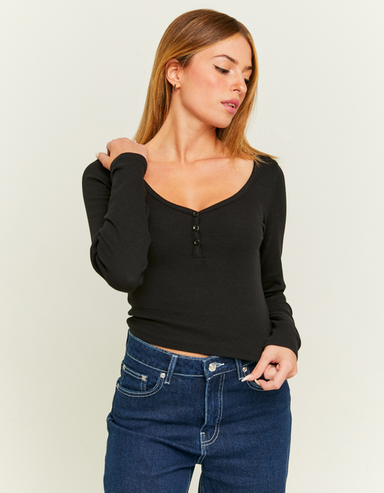 TALLY WEiJL, Black Basic T-Shirt with Buttons for Women