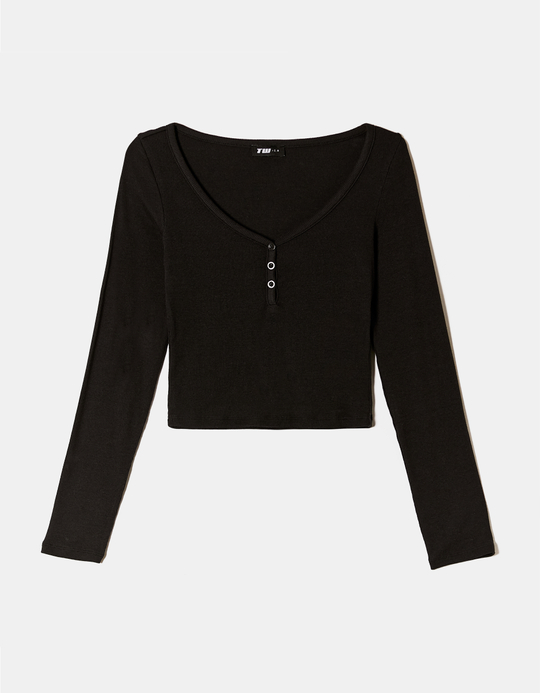 TALLY WEiJL, Black Basic T-Shirt with Buttons for Women
