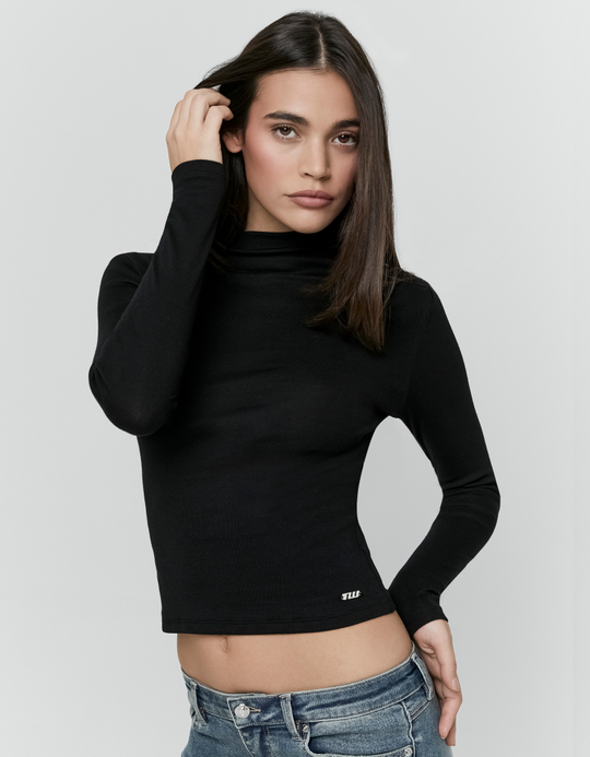 TALLY WEiJL, Schwarzes figurbetontes Langarmshirt aus Baumwolle mit Stehkragen for Women
