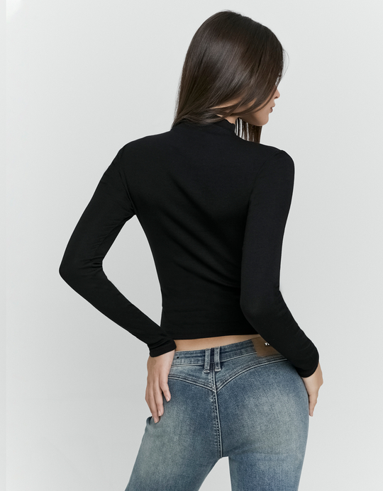 TALLY WEiJL, Schwarzes figurbetontes Langarmshirt aus Baumwolle mit Stehkragen for Women
