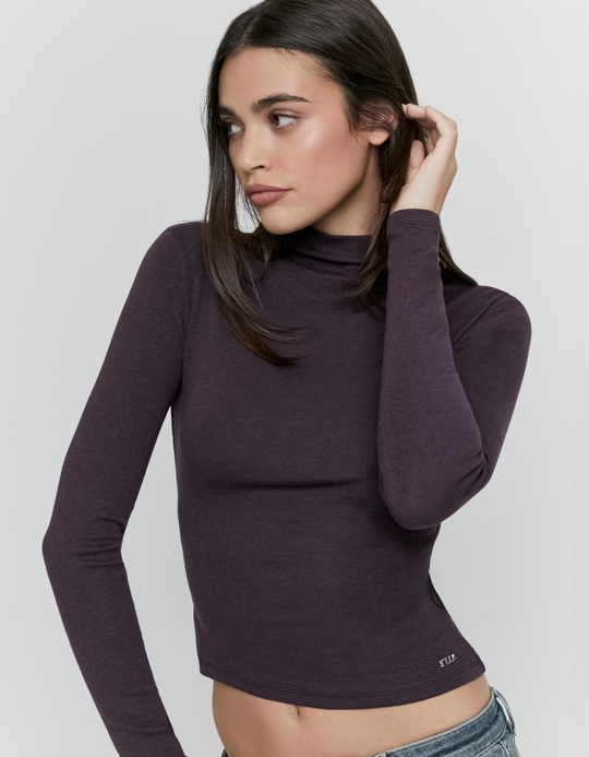 TALLY WEiJL, Purple Fitted Cotton Long Sleeve T-Shirt with High Neck for Women
