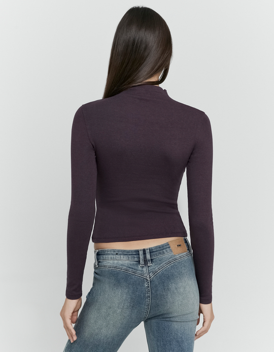 TALLY WEiJL, Purple Fitted Cotton Long Sleeve T-Shirt with High Neck for Women