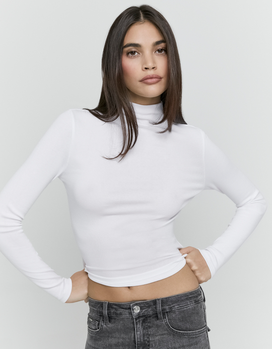 TALLY WEiJL, Weisses figurbetontes Langarmshirt aus Baumwolle mit Stehkragen for Women