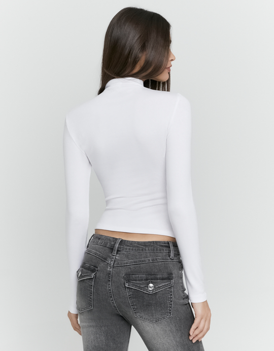 TALLY WEiJL, Weisses figurbetontes Langarmshirt aus Baumwolle mit Stehkragen for Women