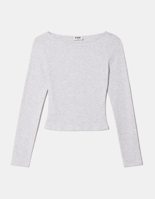 TALLY WEiJL, Top Grigio Aderente in Cotone Bio a Maniche Lunghe con Scollo a Barca for Women