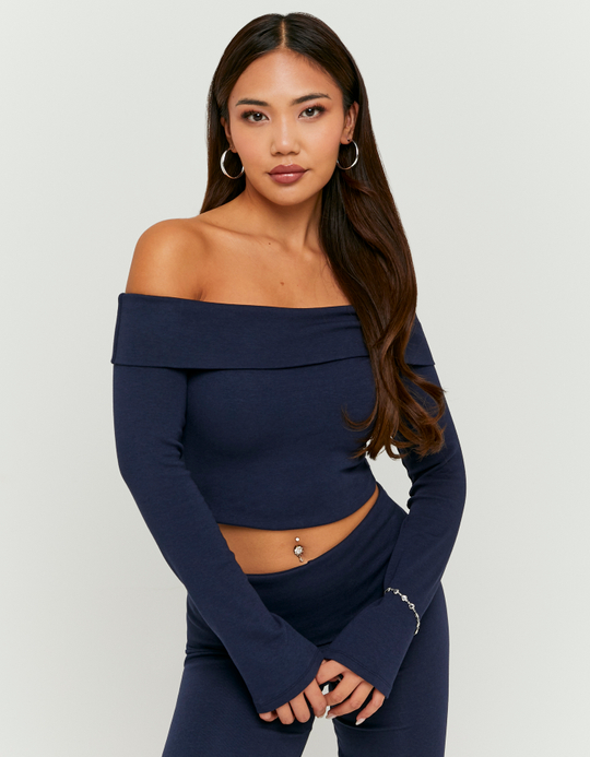 TALLY WEiJL, Basic Blue Off Shoulder T-Shirt for Women