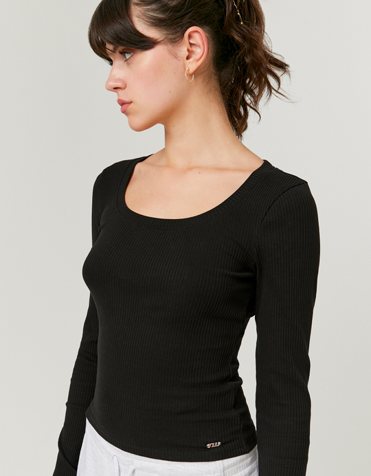 TALLY WEiJL, T-Shirt Noir Basique Côtelé for Women