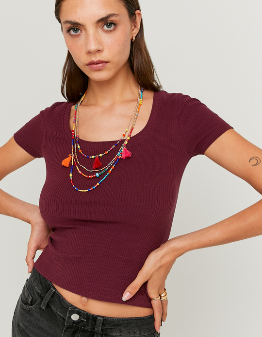 TALLY WEiJL, Burgundy Basic Regular Fit T-shirt for Women