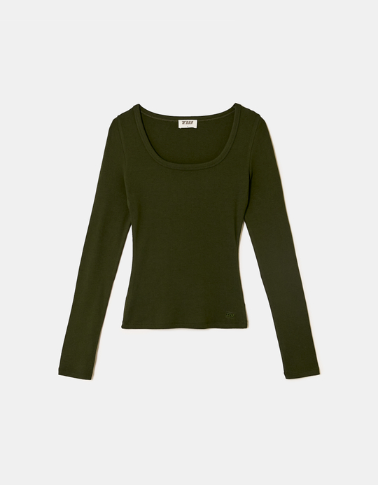 TALLY WEiJL, Basic Green T-shirt with Long Sleeves for Women