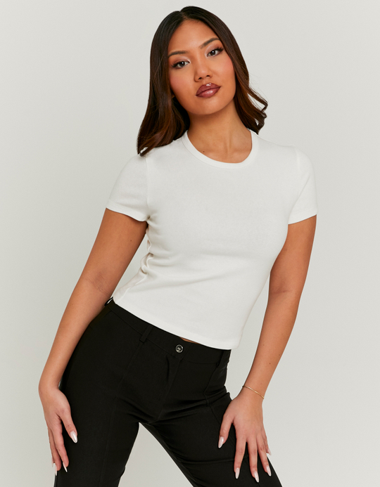 TALLY WEiJL, White Ribbed Basic T-shirt for Women