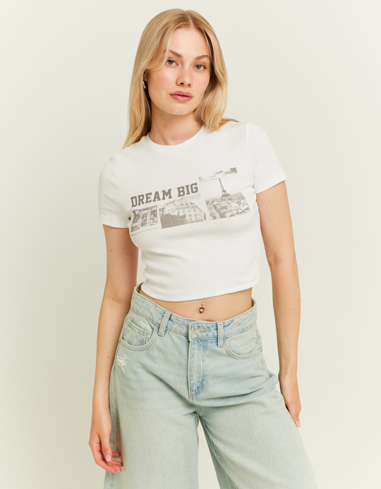 TALLY WEiJL, White Cropped Printed T-Shirt for Women
