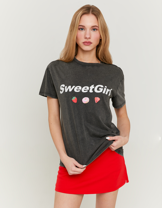TALLY WEiJL, Grey Printed T-shirt Acid Wash Effect for Women