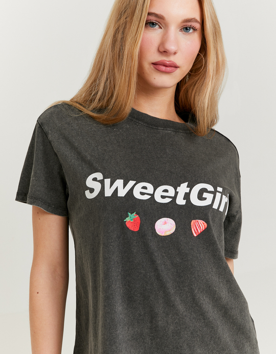 TALLY WEiJL, Grey Printed T-shirt Acid Wash Effect for Women