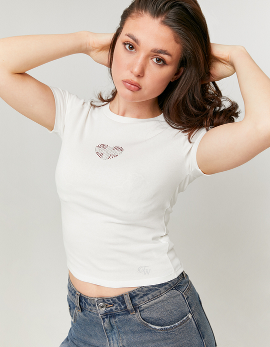 TALLY WEiJL, White Printed Cropped T-shirt for Women