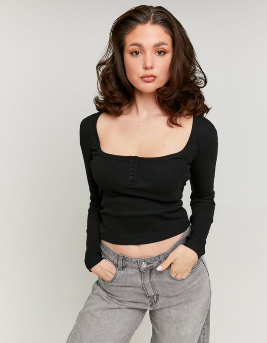 TALLY WEiJL, Black Basic T-shirt with Buttons for Women