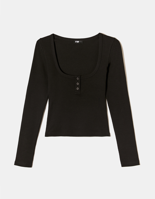 TALLY WEiJL, T-Shirt Noir Basique avec Boutons for Women