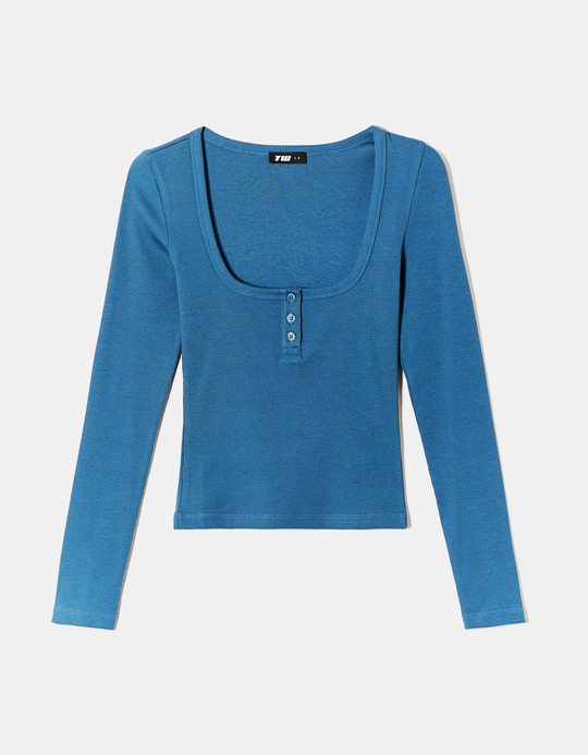 TALLY WEiJL, Blue Basic T-shirt with Buttons for Women