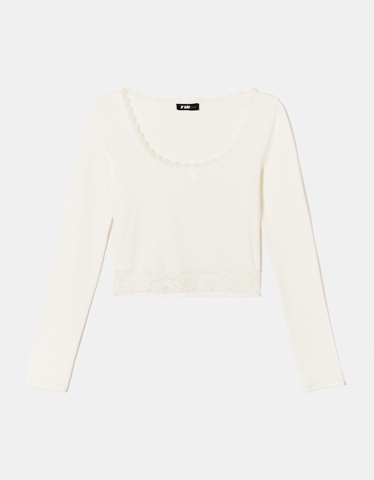TALLY WEiJL, White T-Shirt with Lace Detail for Women