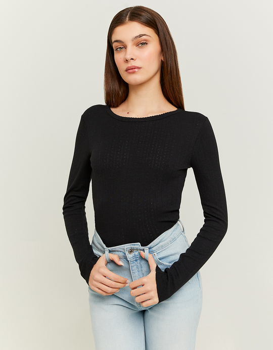 TALLY WEiJL, Black Pointelle Basic T-Shirt for Women