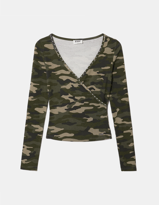 TALLY WEiJL, Maglia camouflage aderente a maniche lunghe con borchie argentate for Women