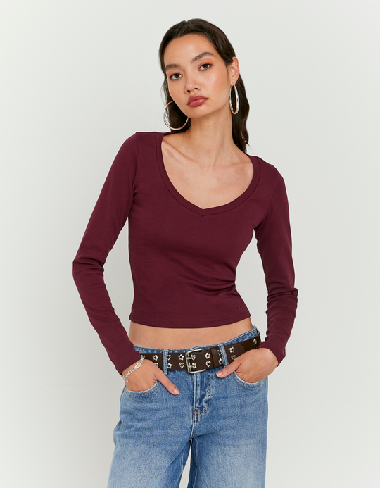 TALLY WEiJL, Basic Burgundy T-Shirt With Long Sleeves for Women