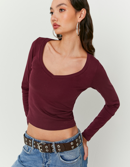 TALLY WEiJL, Basic Burgundy T-Shirt With Long Sleeves for Women