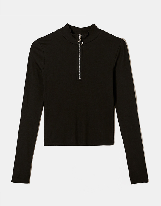 TALLY WEiJL, Black High Neck T-Shirt with Zip for Women