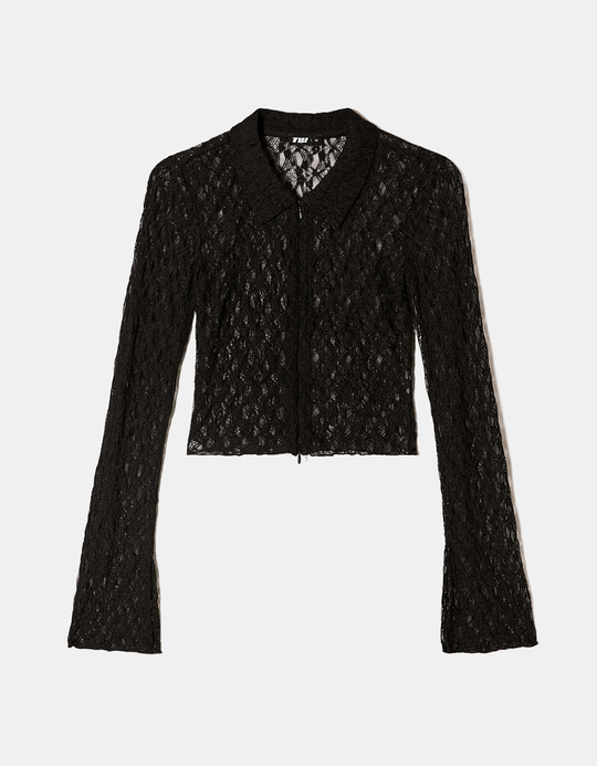 TALLY WEiJL, Black Lace Zipped Top with Polo Neck for Women