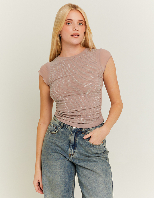 TALLY WEiJL, Pink Mesh Loose Top with Strass for Women