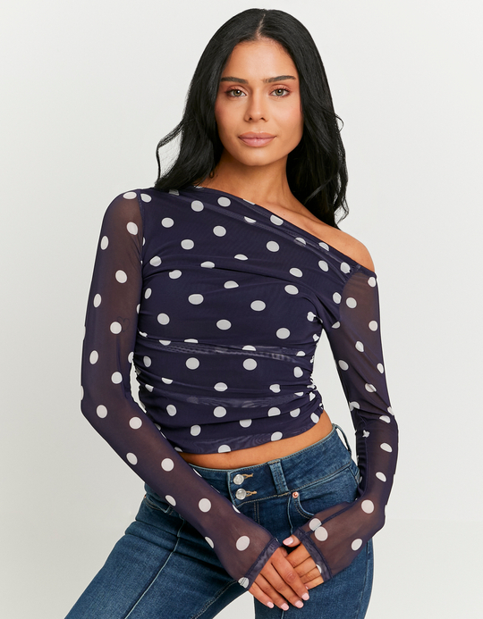 TALLY WEiJL, Blue Polka Dots Asymmetric Mesh Top for Women