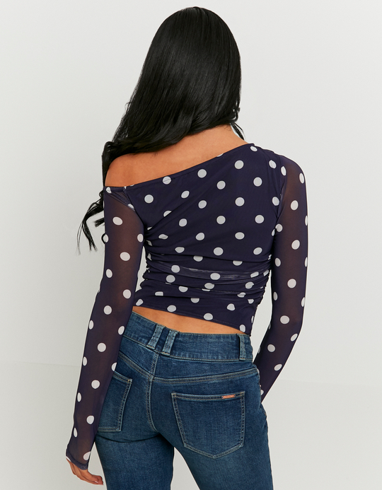 TALLY WEiJL, Blue Polka Dots Asymmetric Mesh Top for Women