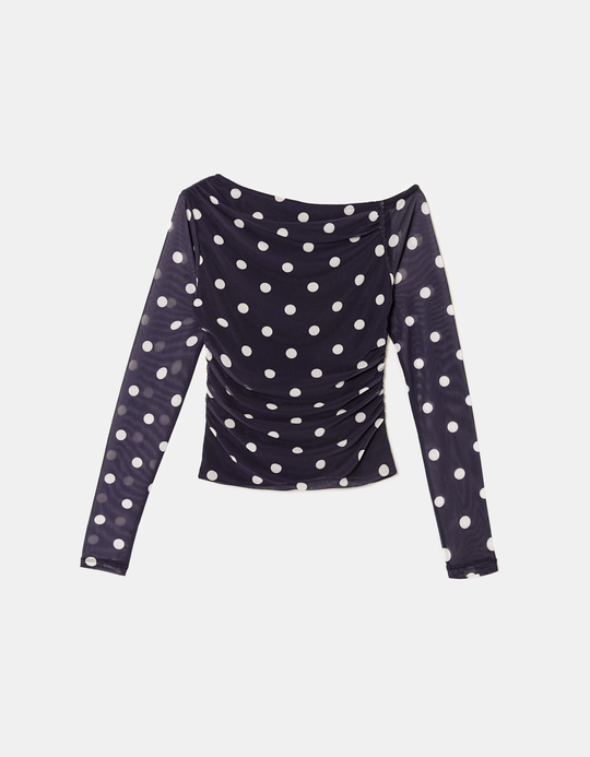 TALLY WEiJL, Blue Polka Dots Asymmetric Mesh Top for Women